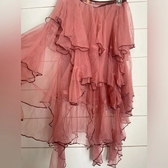 Y2K FP ONE Free People Net Godet Half Slip Midi SKIRTM/LPink Sheer Tulle Ruffled - Picture 8 of 16